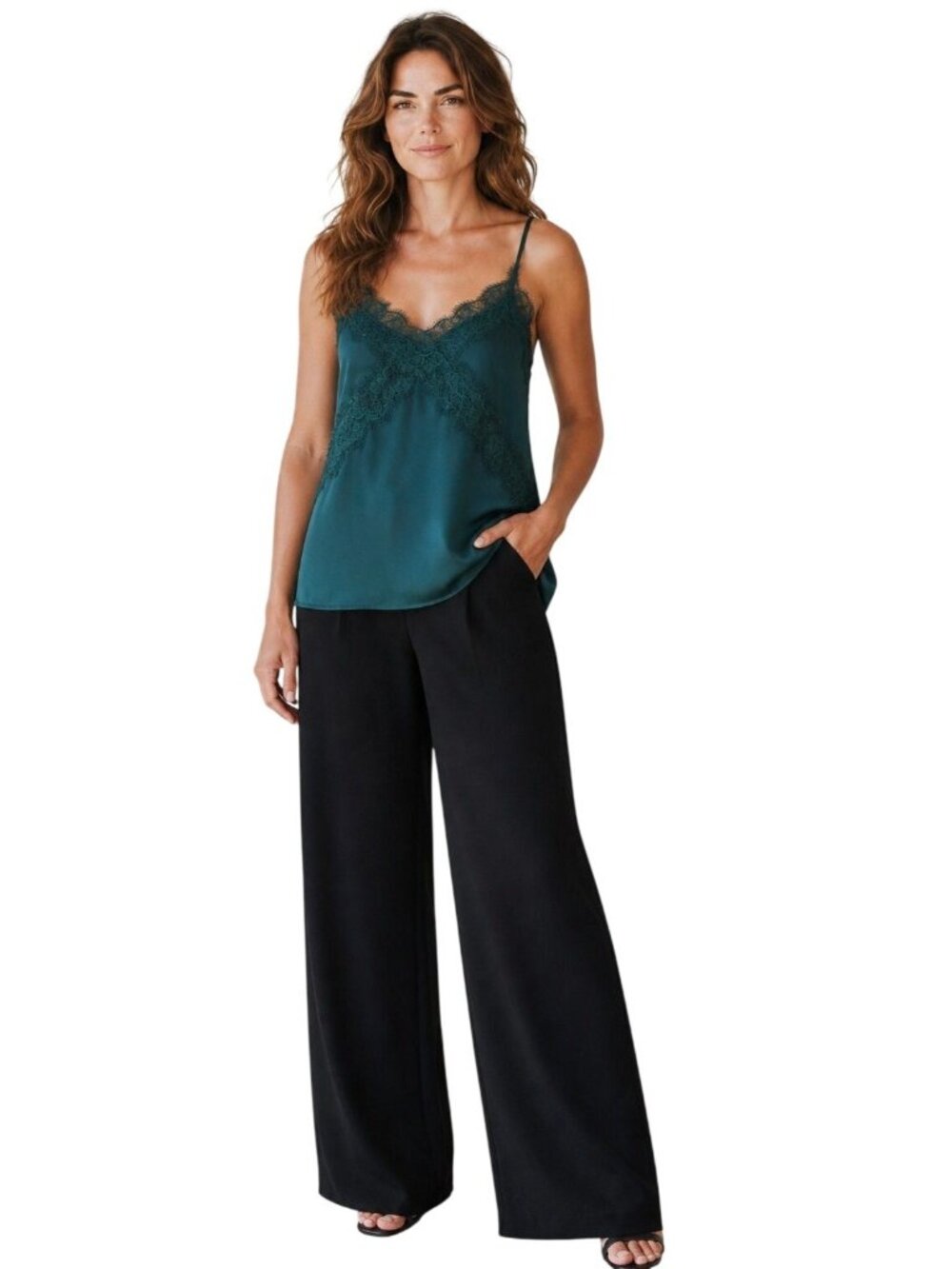 LUSH Lace Trim V-neck  Chiffon Camisole, Hunter Green, S